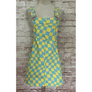 Forever 21 Denim Woven Overall Dress Womens SMALL NEW Blue Yellow Check Stretch
